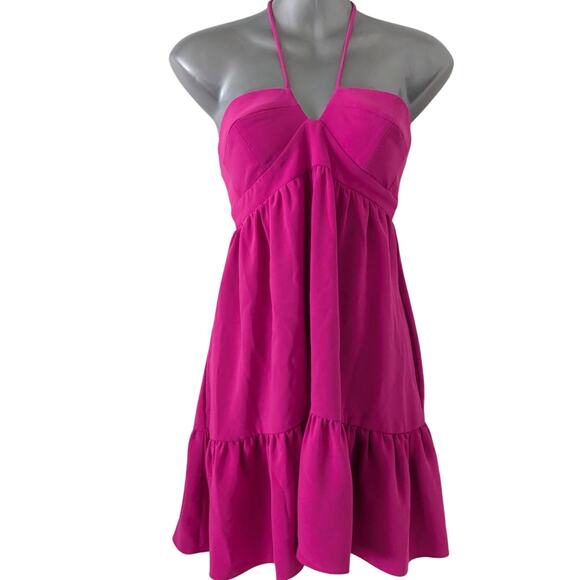Amanda Uprichard Sz XS GRECA Hot Pink (Fuschia) Babydoll Halterk Mini Dress - Picture 2 of 7